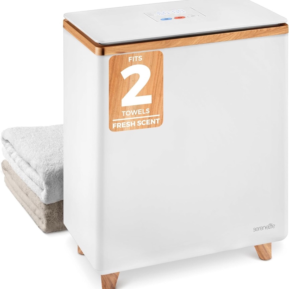 White Towel Warmer with Wood Accents